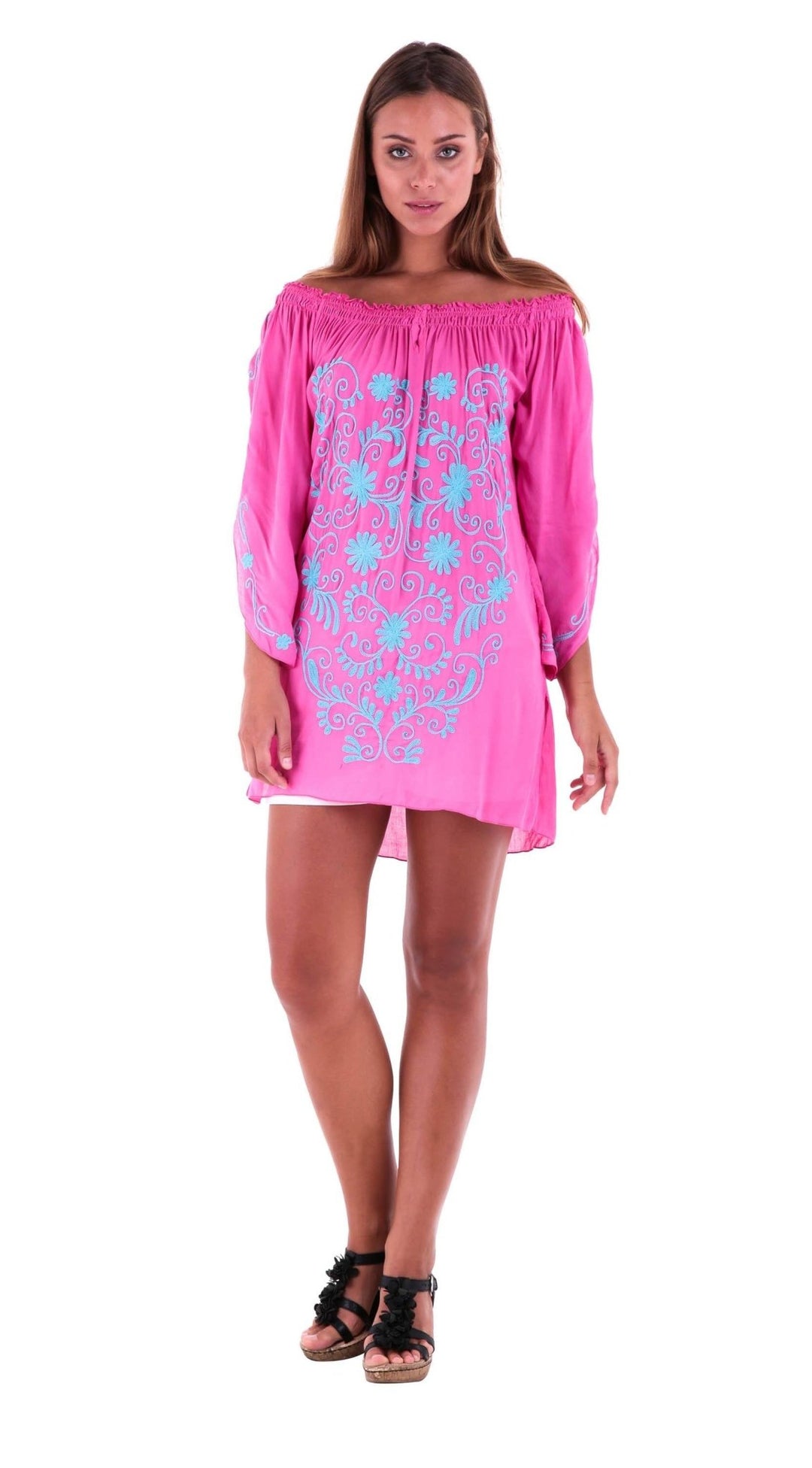 SHU - SHI Women's Boho Tunic Top - Off The Shoulder Mini Dress - Embroidered Bathing Suit Cover - Up - Love ShuShi