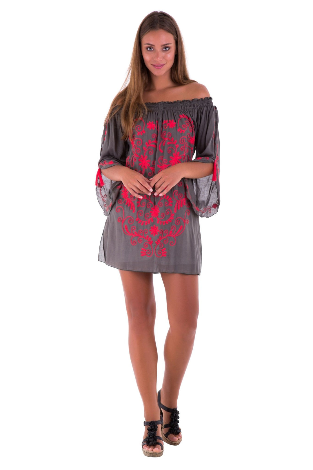 SHU - SHI Women's Boho Tunic Top - Off The Shoulder Mini Dress - Embroidered Bathing Suit Cover - Up - Love ShuShi