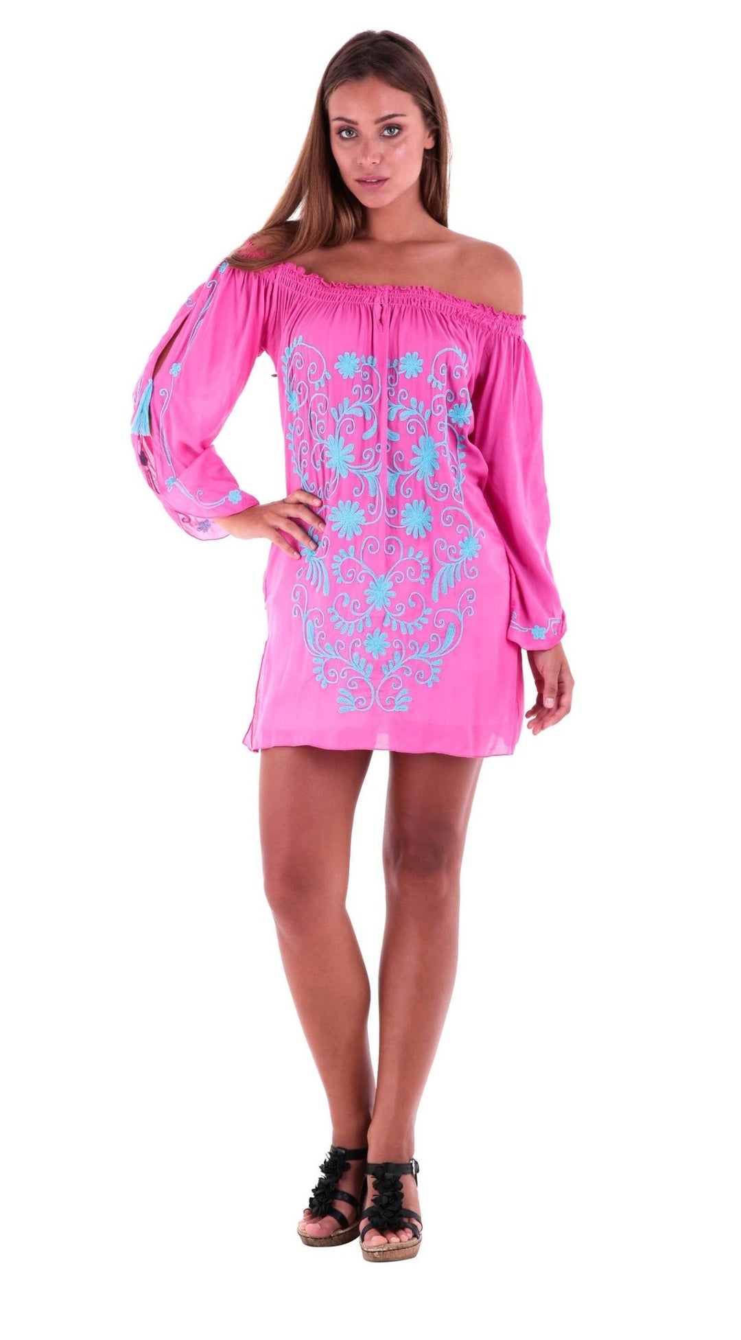 SHU - SHI Women's Boho Tunic Top - Off The Shoulder Mini Dress - Embroidered Bathing Suit Cover - Up - Love ShuShi