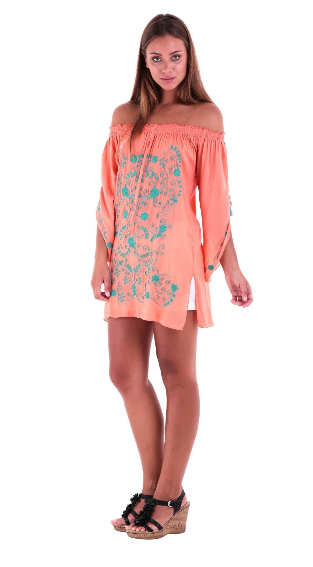 SHU - SHI Women's Boho Tunic Top - Off The Shoulder Mini Dress - Embroidered Bathing Suit Cover - Up - Love ShuShi