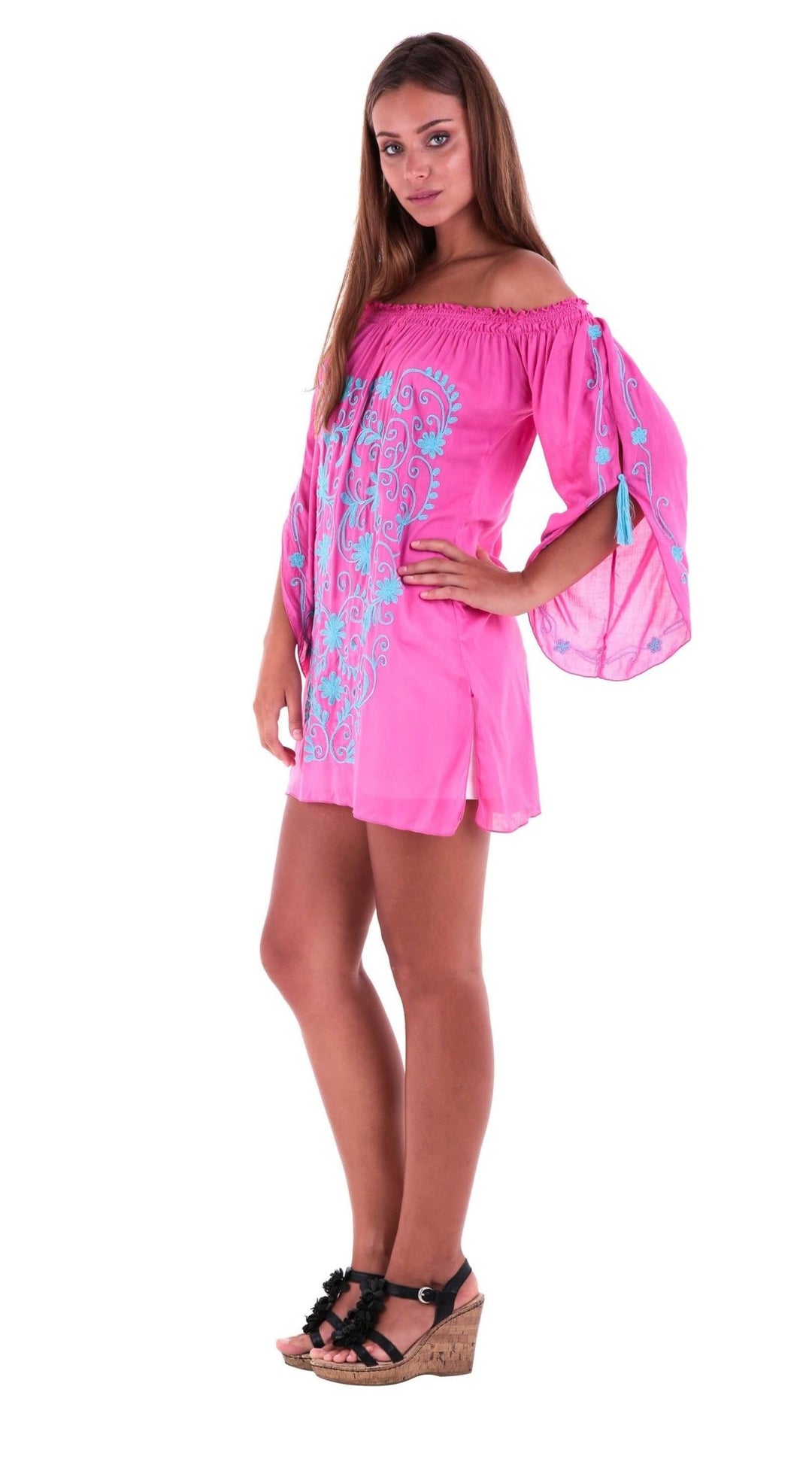 SHU - SHI Women's Boho Tunic Top - Off The Shoulder Mini Dress - Embroidered Bathing Suit Cover - Up - Love ShuShi