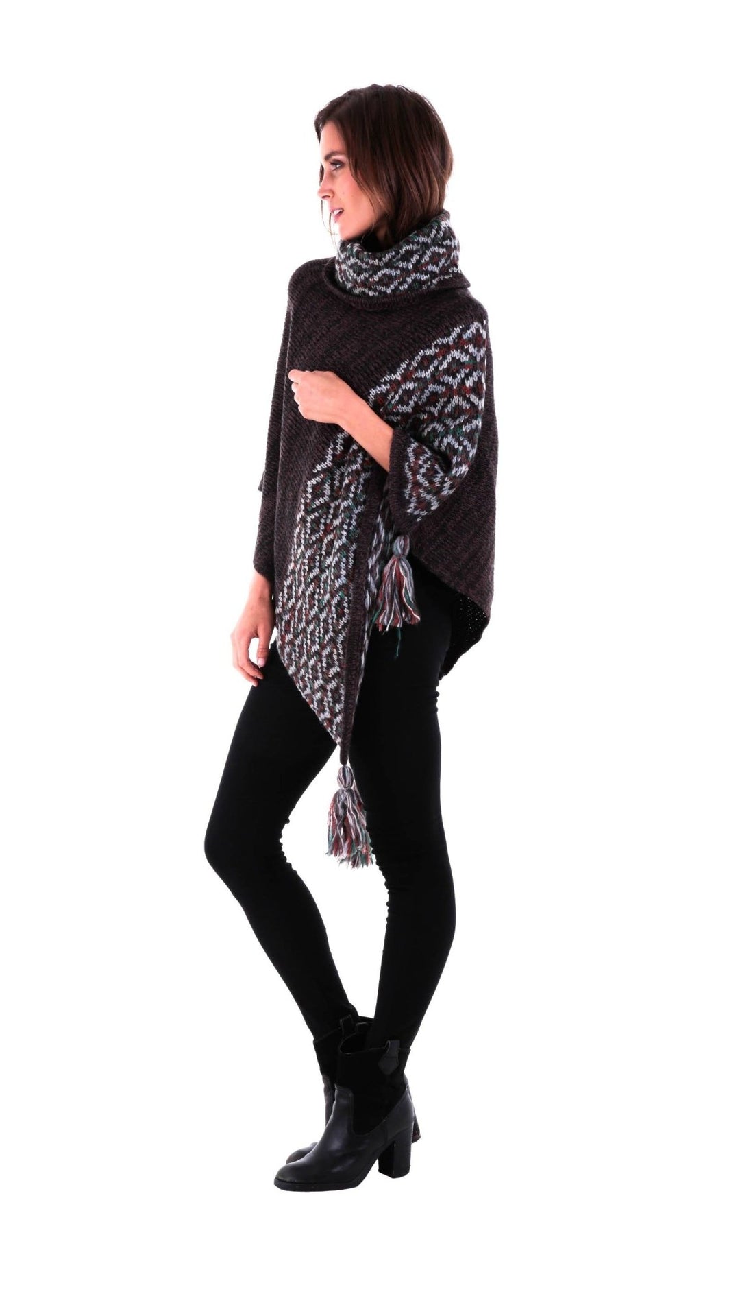 SHU - SHI Women's Boho Turtleneck Poncho - Knit Shawl Sweater Cape with Tassels - Love ShuShi