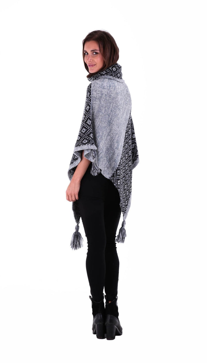 SHU - SHI Women's Boho Turtleneck Poncho - Knit Shawl Sweater Cape with Tassels - Love ShuShi