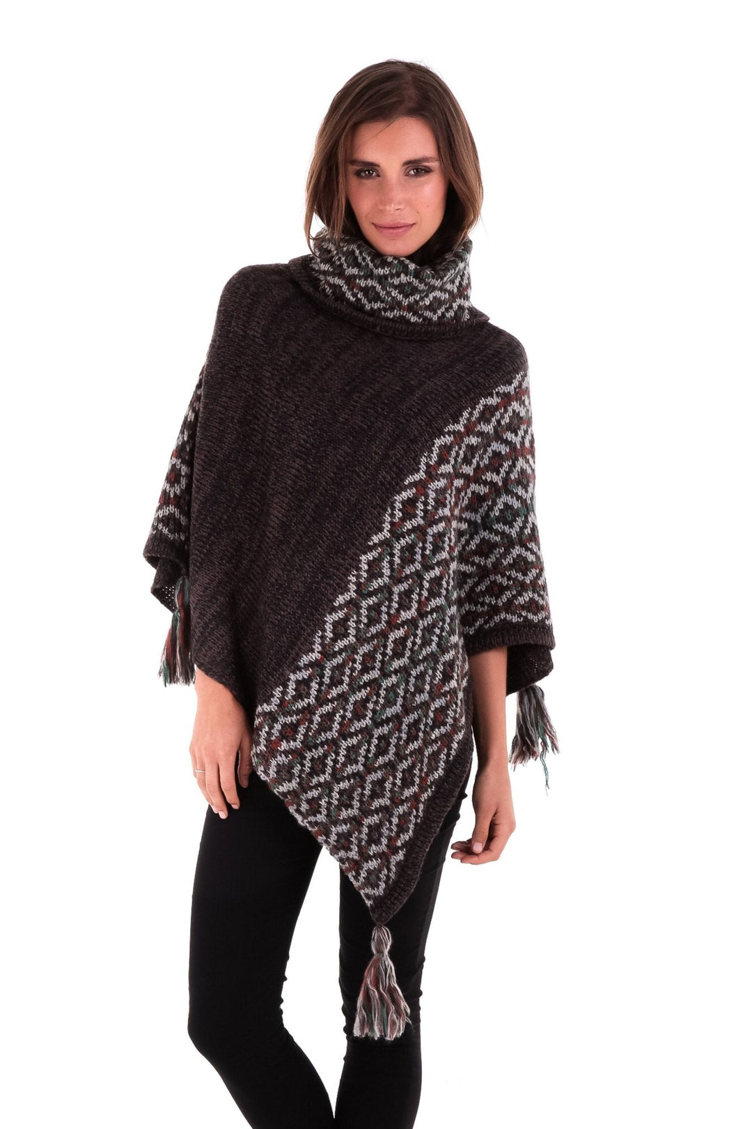 SHU - SHI Women's Boho Turtleneck Poncho - Knit Shawl Sweater Cape with Tassels - Love ShuShi