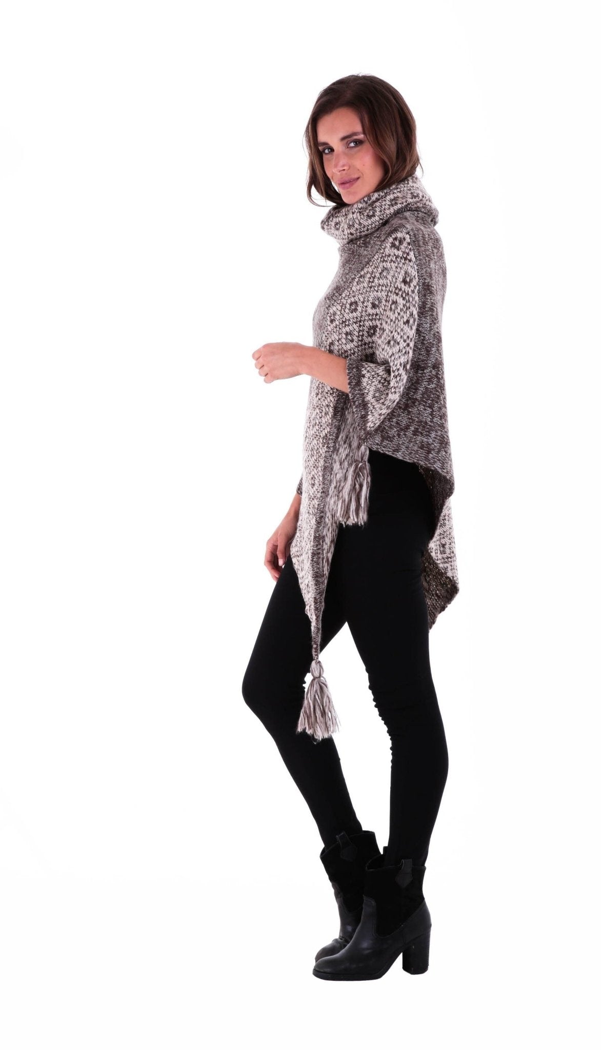 SHU - SHI Women's Boho Turtleneck Poncho - Knit Shawl Sweater Cape with Tassels - Love ShuShi