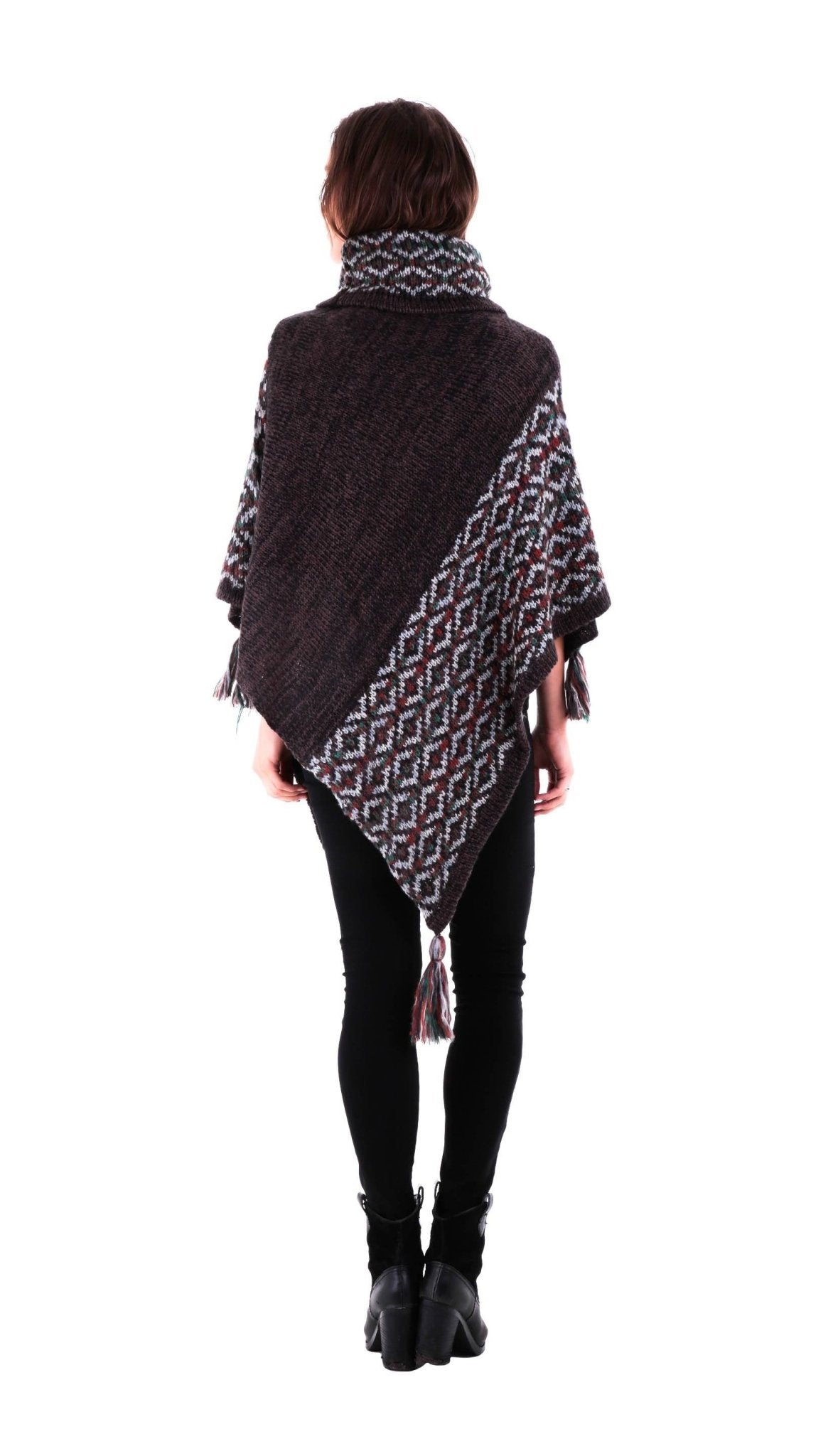 SHU - SHI Women's Boho Turtleneck Poncho - Knit Shawl Sweater Cape with Tassels - Love ShuShi