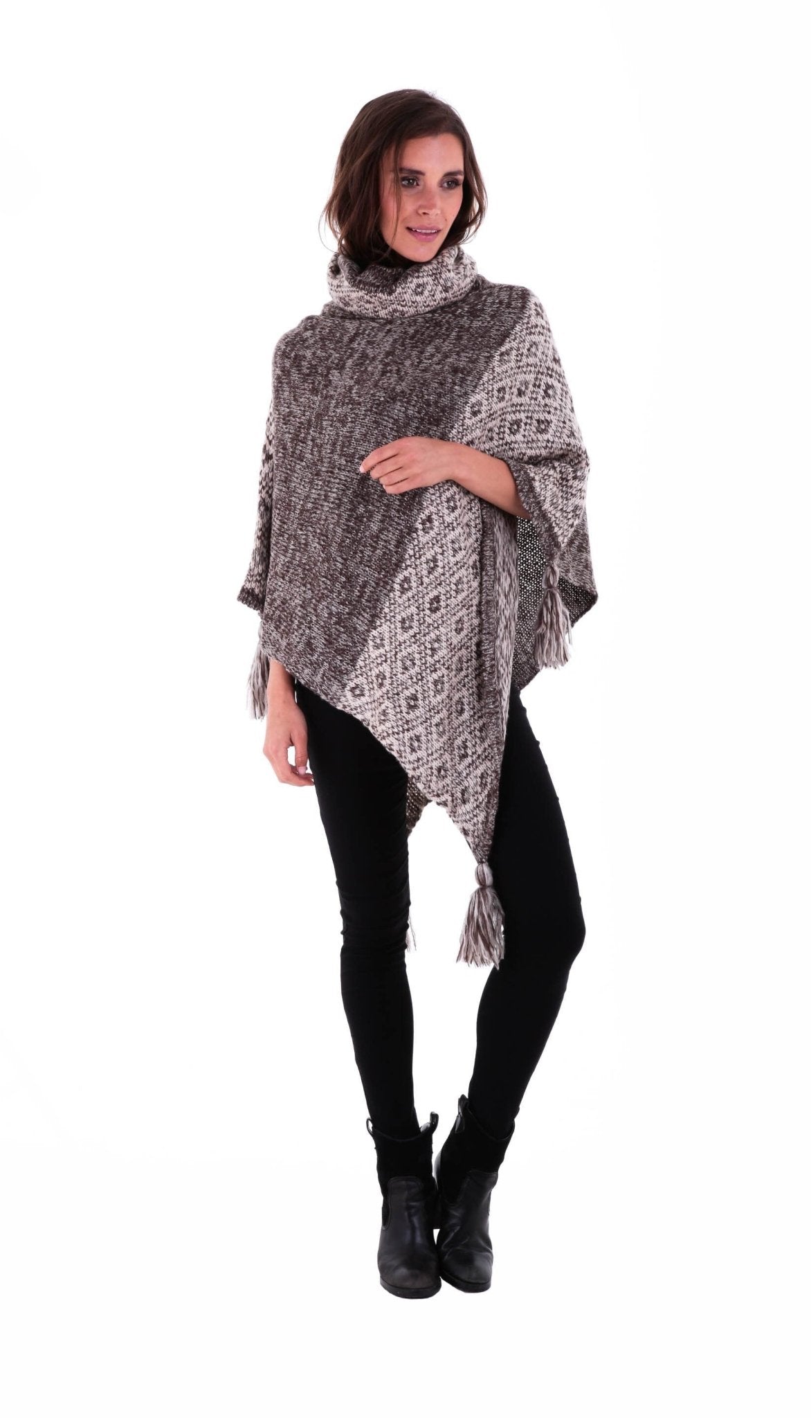 SHU - SHI Women's Boho Turtleneck Poncho - Knit Shawl Sweater Cape with Tassels - Love ShuShi