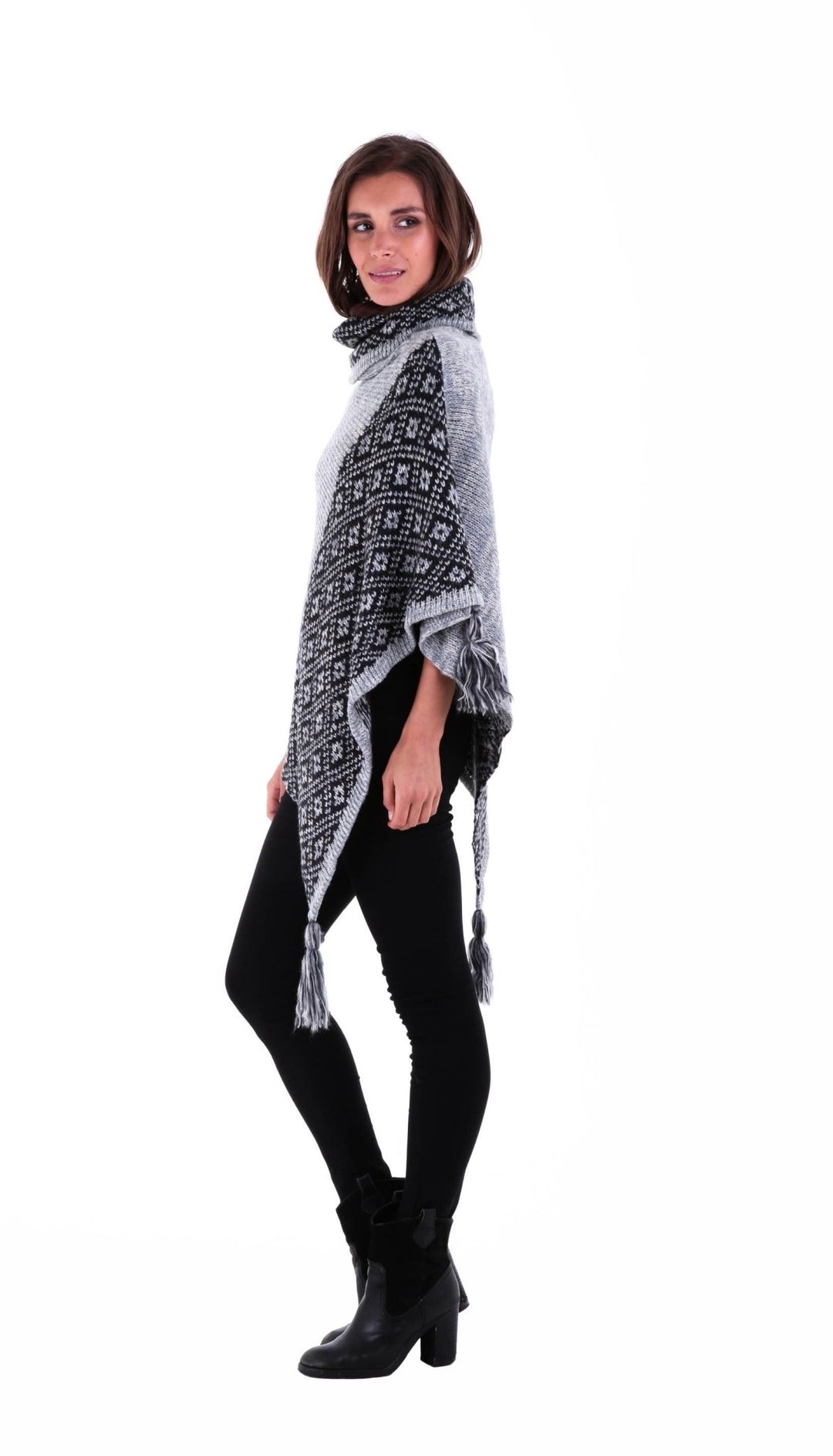 SHU - SHI Women's Boho Turtleneck Poncho - Knit Shawl Sweater Cape with Tassels - Love ShuShi