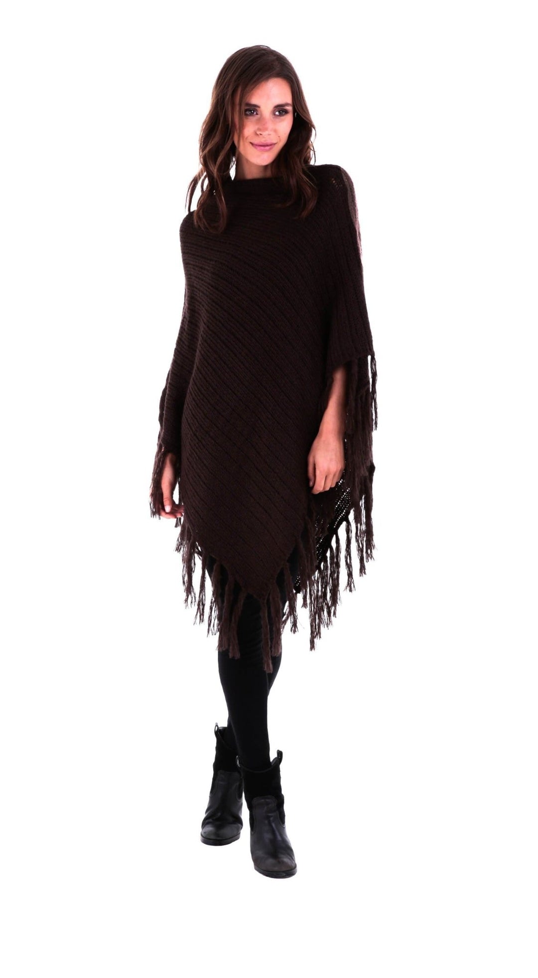 SHU - SHI Women's Cable Knit Poncho Sweater Cape | Boho Casual Soft Pullover with Fringe - Love ShuShi