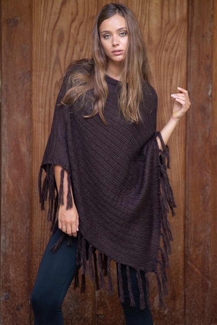 SHU - SHI Women's Cable Knit Poncho Sweater Cape | Boho Casual Soft Pullover with Fringe - Love ShuShi