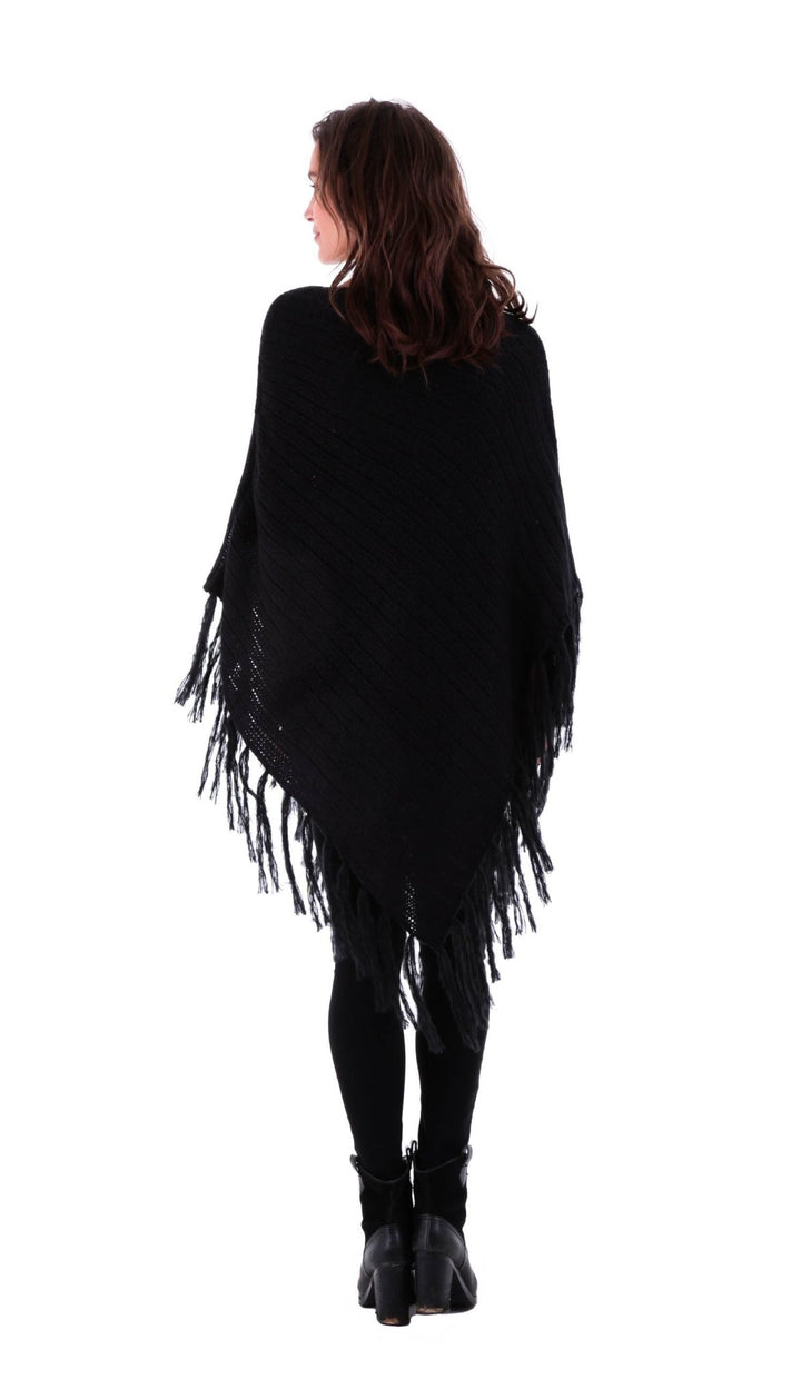 SHU - SHI Women's Cable Knit Poncho Sweater Cape | Boho Casual Soft Pullover with Fringe - Love ShuShi