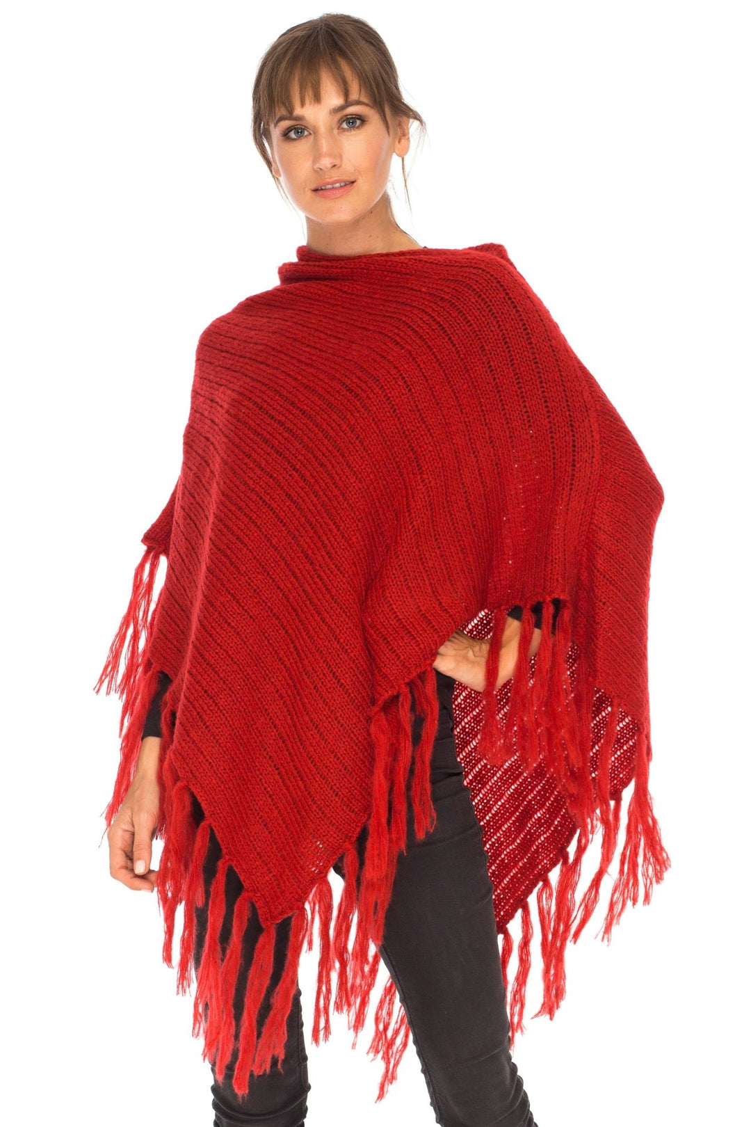 SHU - SHI Women's Cable Knit Poncho Sweater Cape | Boho Casual Soft Pullover with Fringe - Love ShuShi