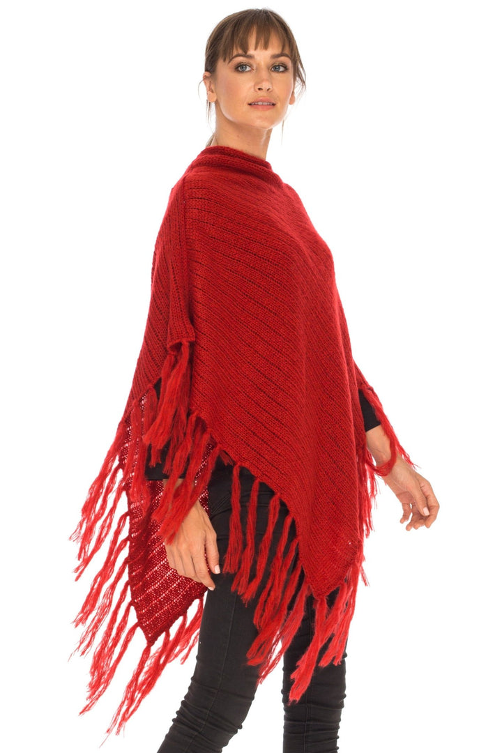 SHU - SHI Women's Cable Knit Poncho Sweater Cape | Boho Casual Soft Pullover with Fringe - Love ShuShi