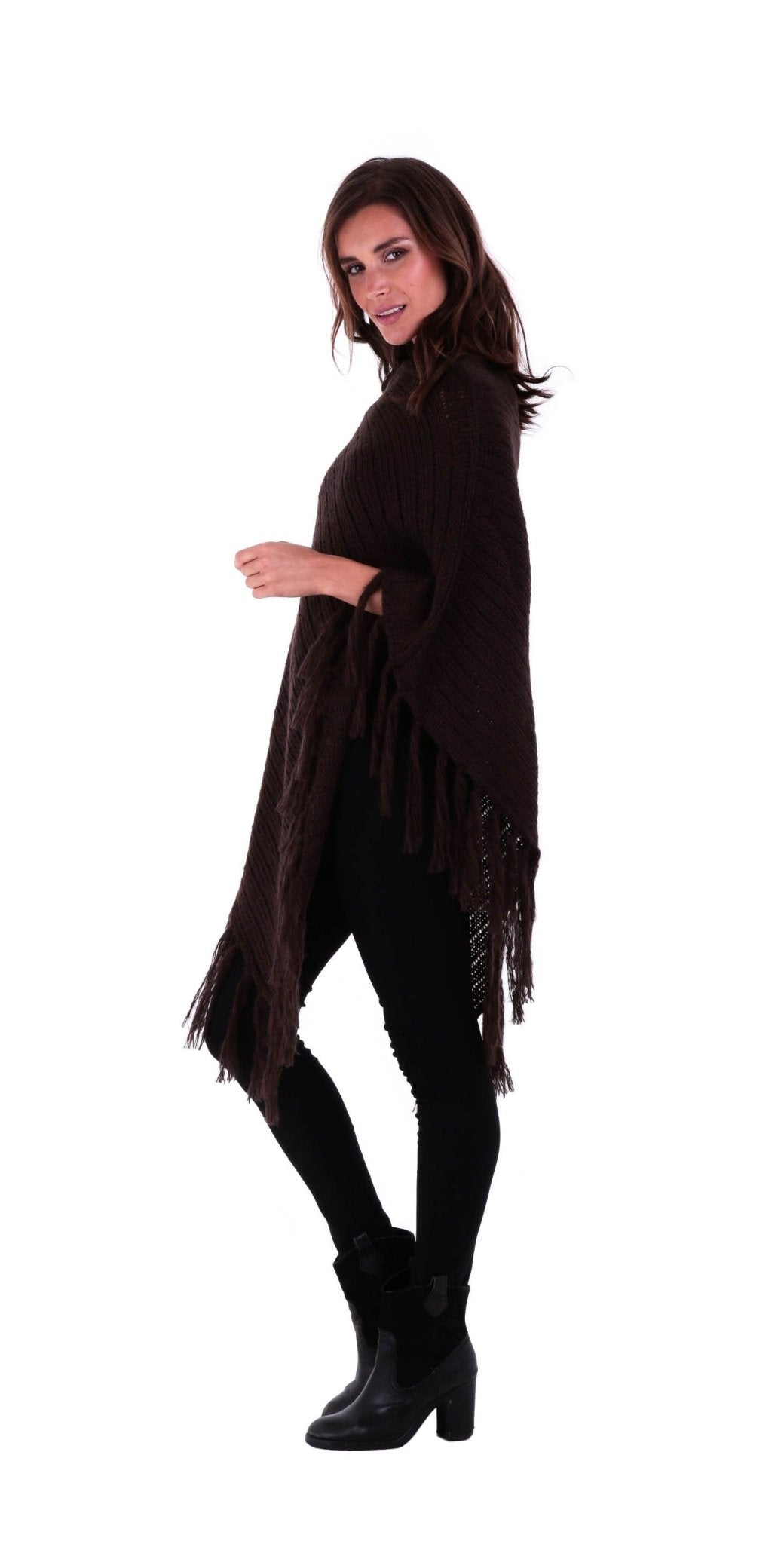 SHU - SHI Women's Cable Knit Poncho Sweater Cape | Boho Casual Soft Pullover with Fringe - Love ShuShi