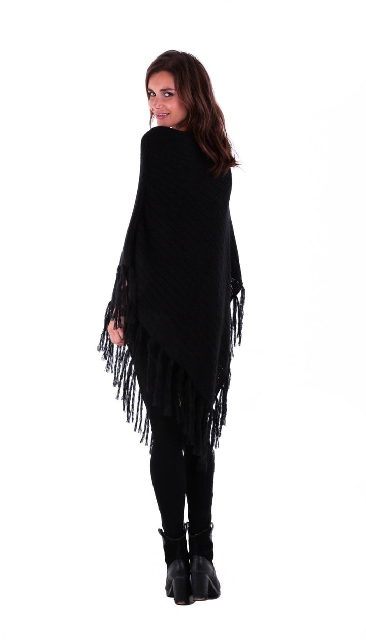 SHU - SHI Women's Cable Knit Poncho Sweater Cape | Boho Casual Soft Pullover with Fringe - Love ShuShi