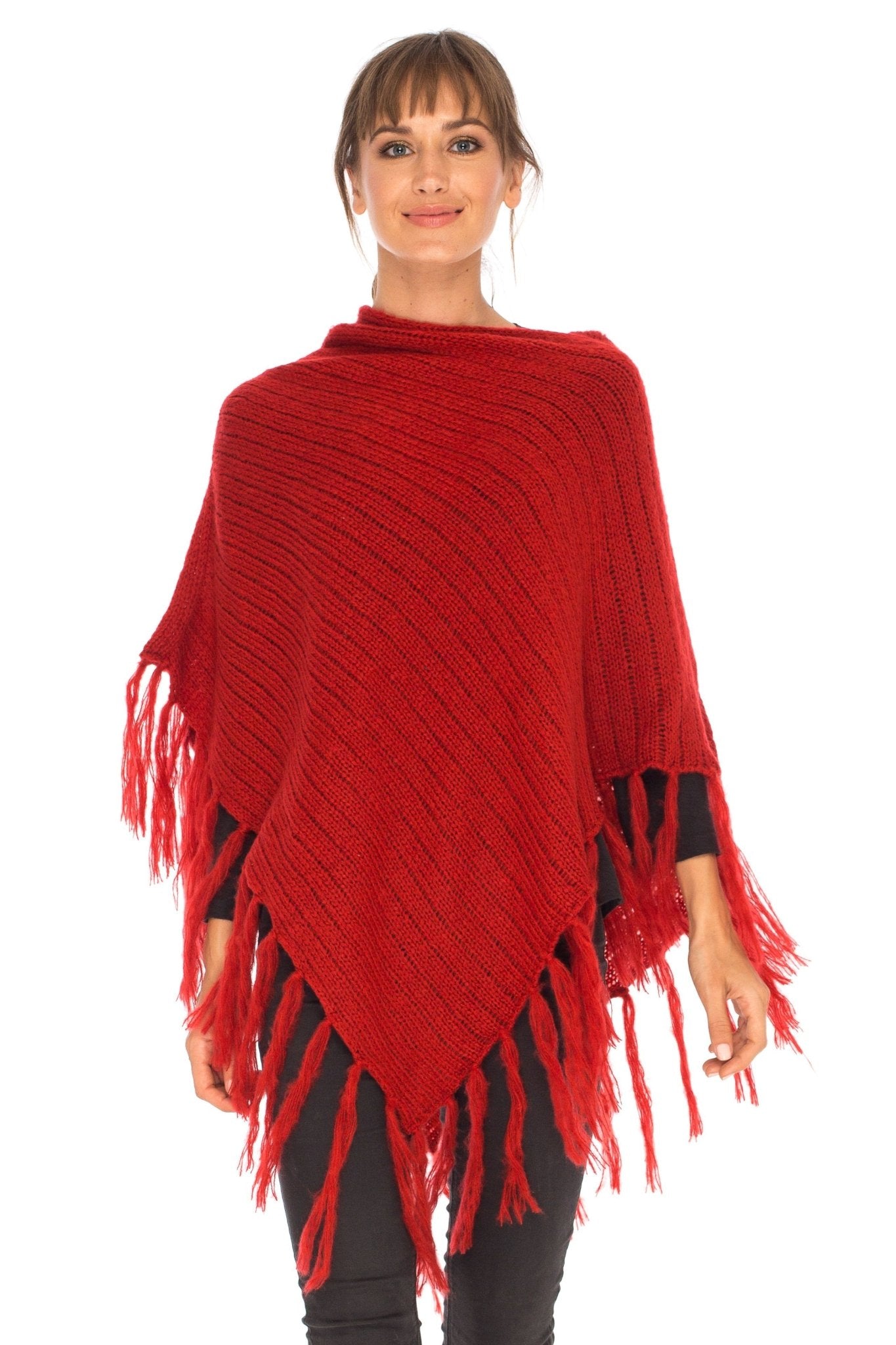 SHU - SHI Women's Cable Knit Poncho Sweater Cape | Boho Casual Soft Pullover with Fringe - Love ShuShi