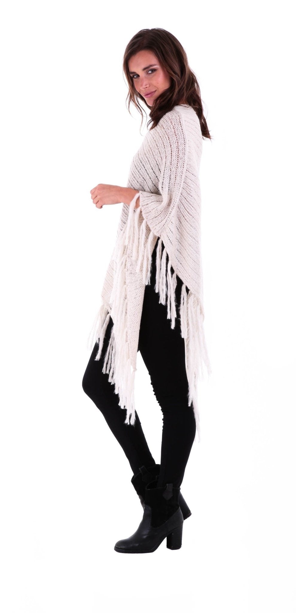 SHU - SHI Women's Cable Knit Poncho Sweater Cape | Boho Casual Soft Pullover with Fringe - Love ShuShi