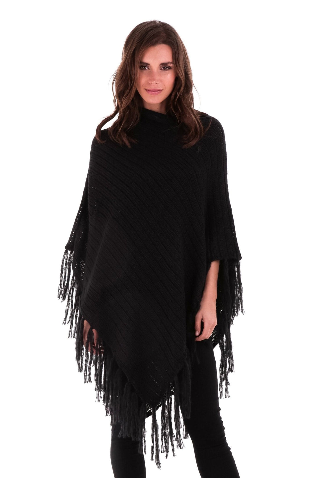 SHU - SHI Women's Cable Knit Poncho Sweater Cape | Boho Casual Soft Pullover with Fringe - Love ShuShi