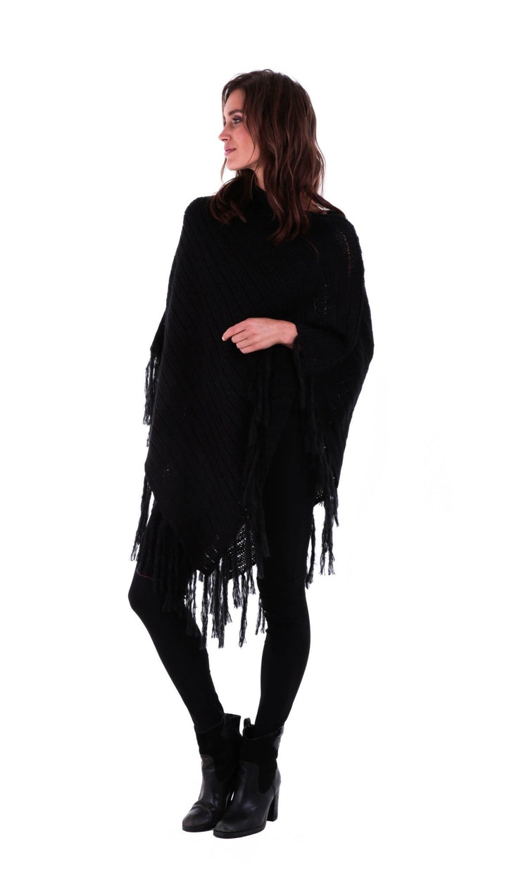 SHU - SHI Women's Cable Knit Poncho Sweater Cape | Boho Casual Soft Pullover with Fringe - Love ShuShi