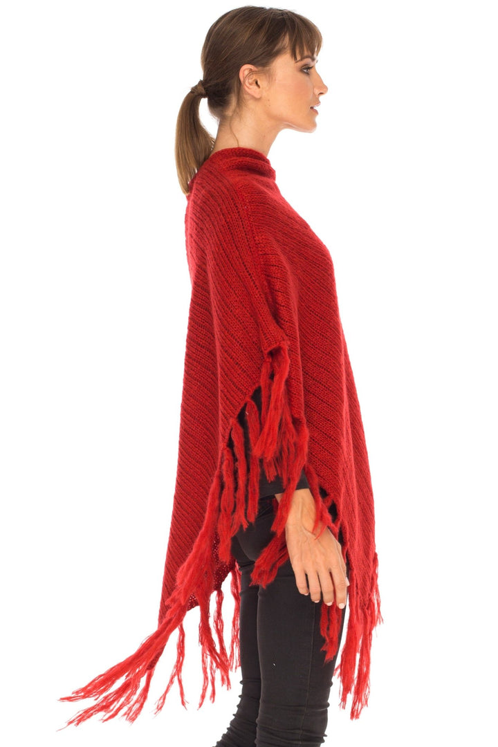 SHU - SHI Women's Cable Knit Poncho Sweater Cape | Boho Casual Soft Pullover with Fringe - Love ShuShi