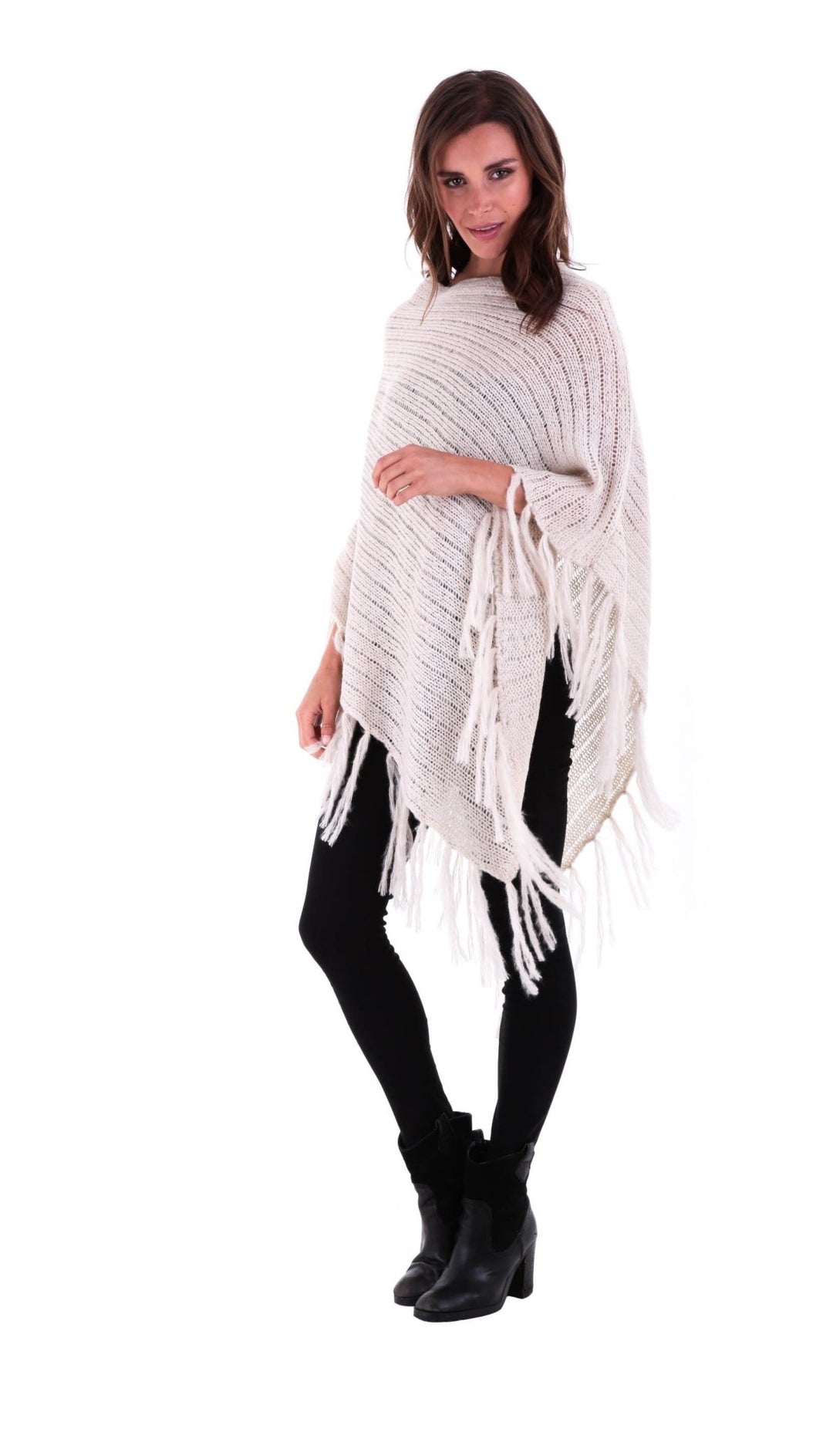 SHU - SHI Women's Cable Knit Poncho Sweater Cape | Boho Casual Soft Pullover with Fringe - Love ShuShi