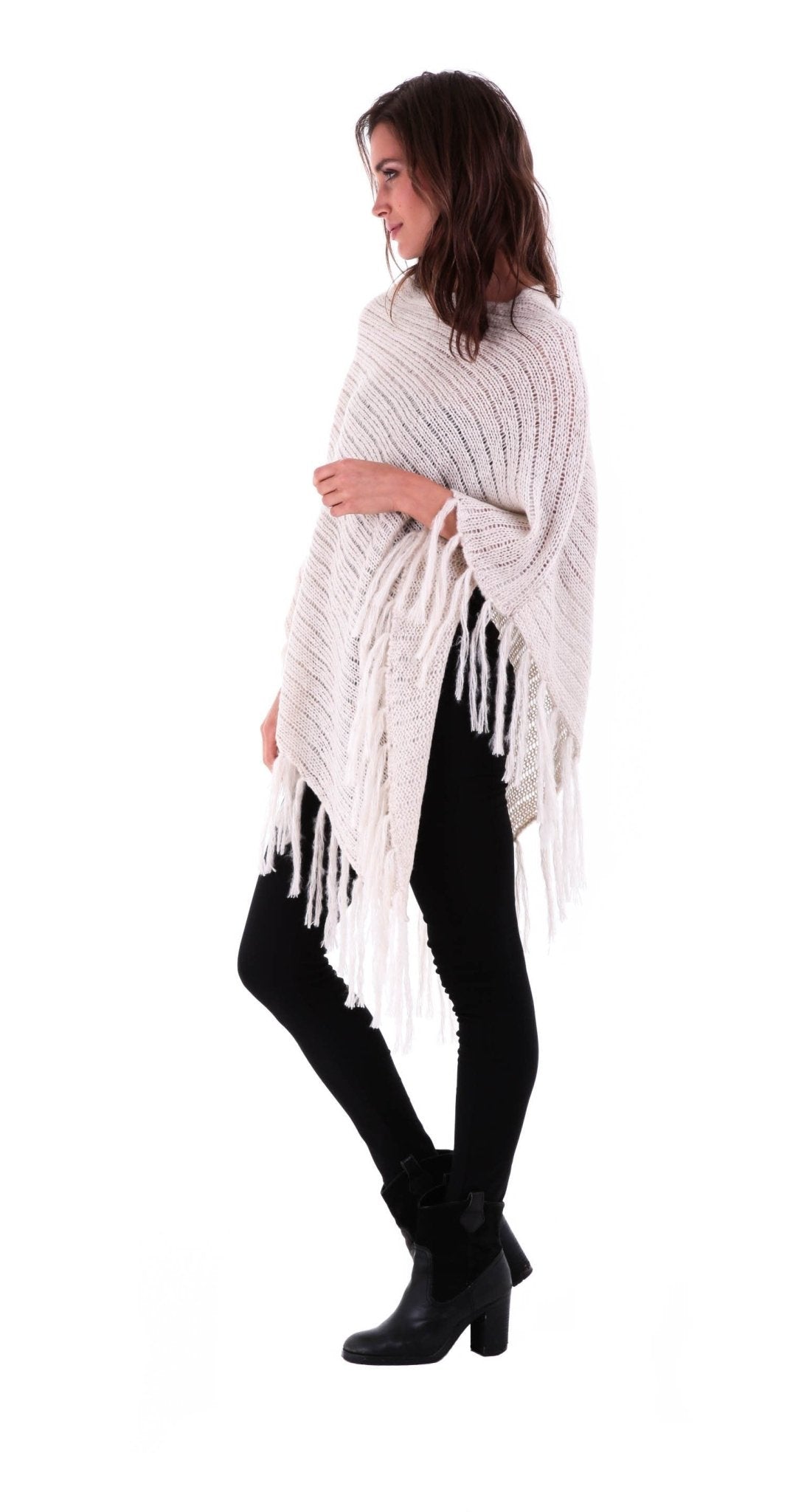 SHU - SHI Women's Cable Knit Poncho Sweater Cape | Boho Casual Soft Pullover with Fringe - Love ShuShi