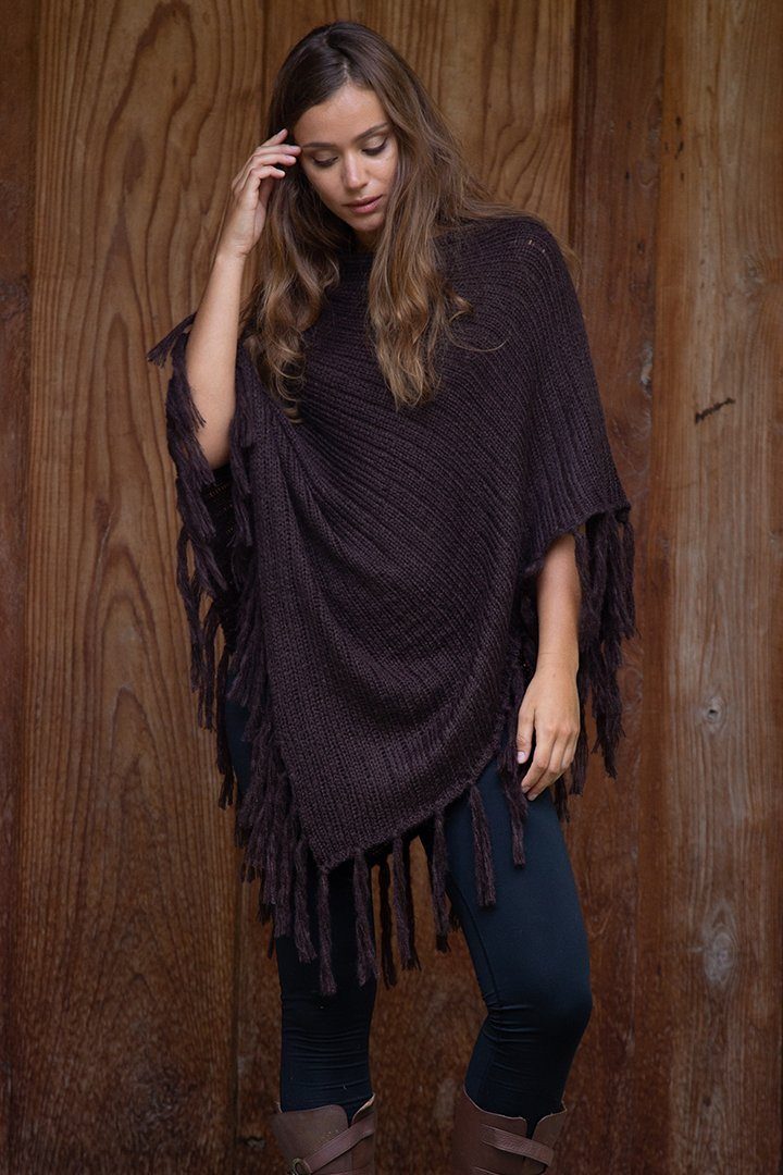 SHU - SHI Women's Cable Knit Poncho Sweater Cape | Boho Casual Soft Pullover with Fringe - Love ShuShi