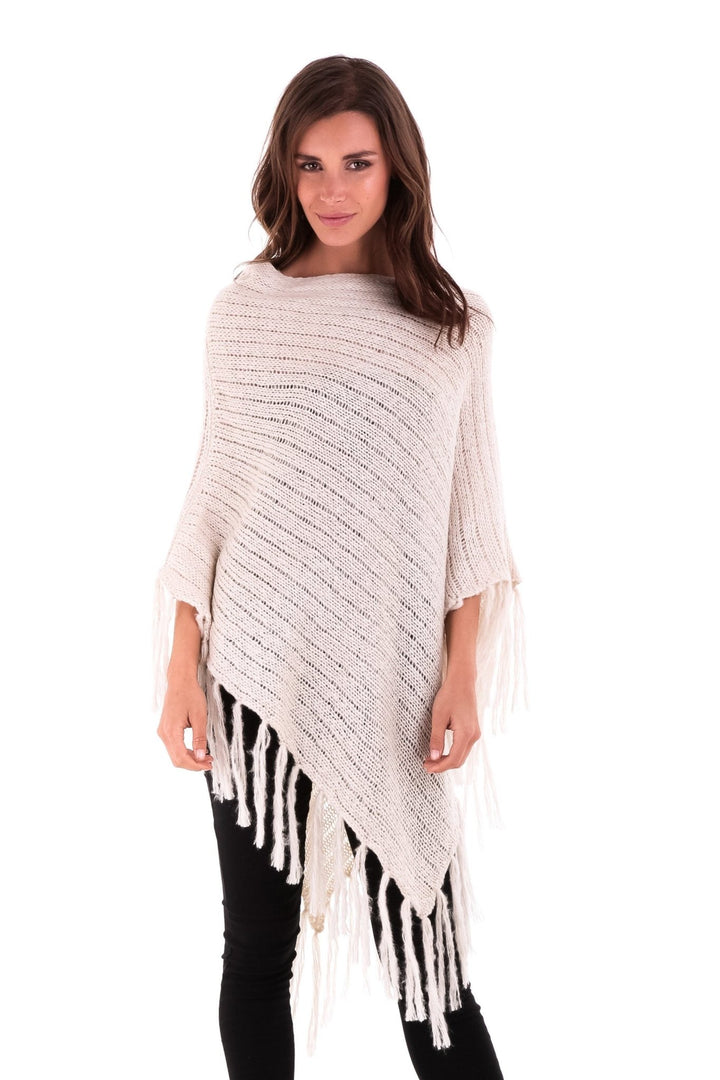 SHU - SHI Women's Cable Knit Poncho Sweater Cape | Boho Casual Soft Pullover with Fringe - Love ShuShi