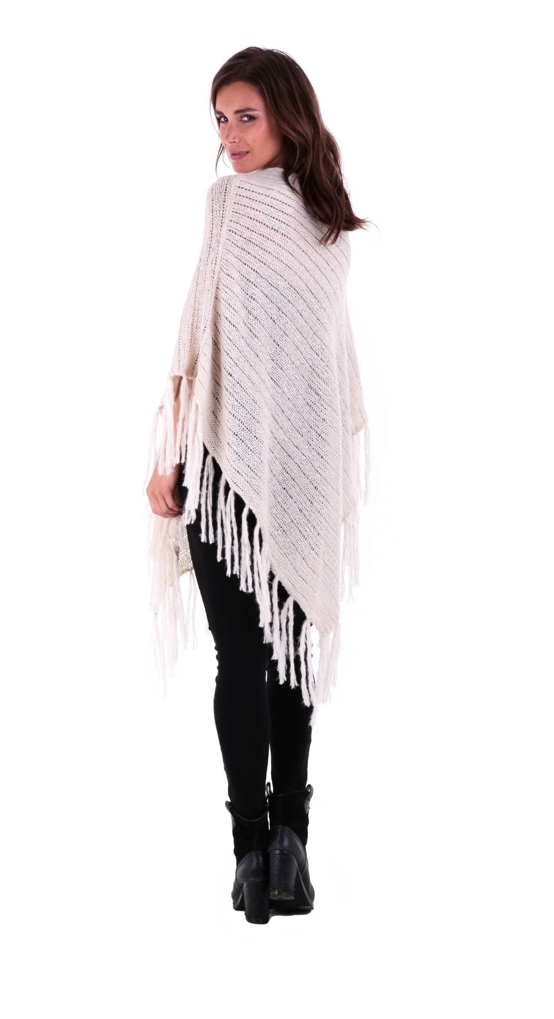 SHU - SHI Women's Cable Knit Poncho Sweater Cape | Boho Casual Soft Pullover with Fringe - Love ShuShi