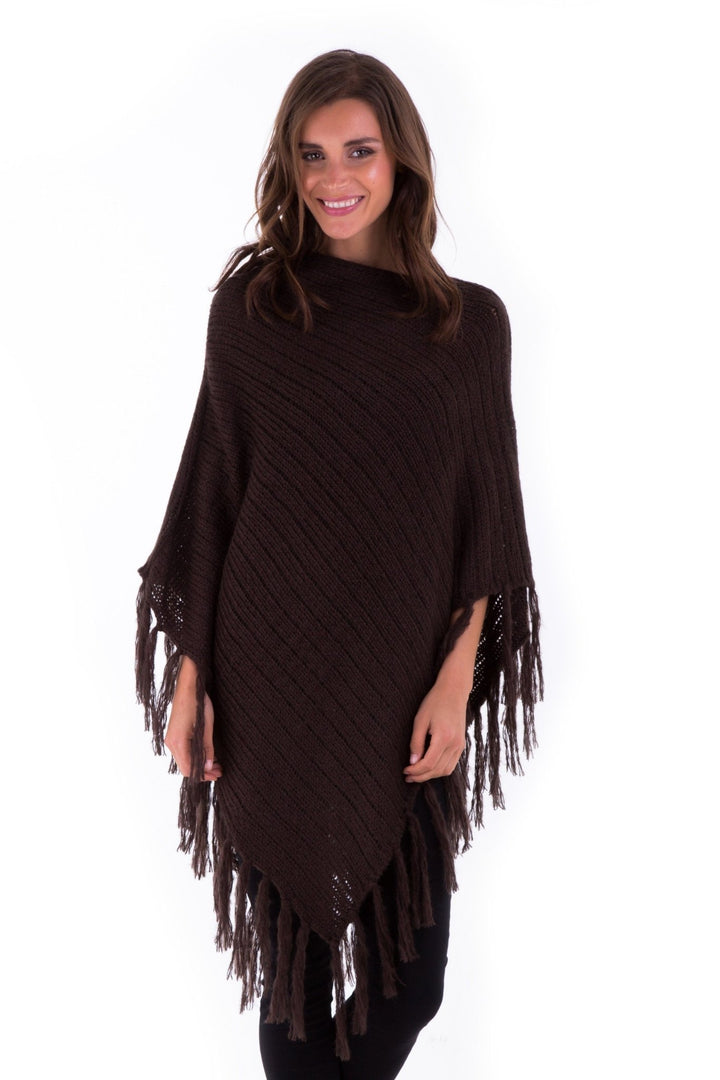 SHU - SHI Women's Cable Knit Poncho Sweater Cape | Boho Casual Soft Pullover with Fringe - Love ShuShi