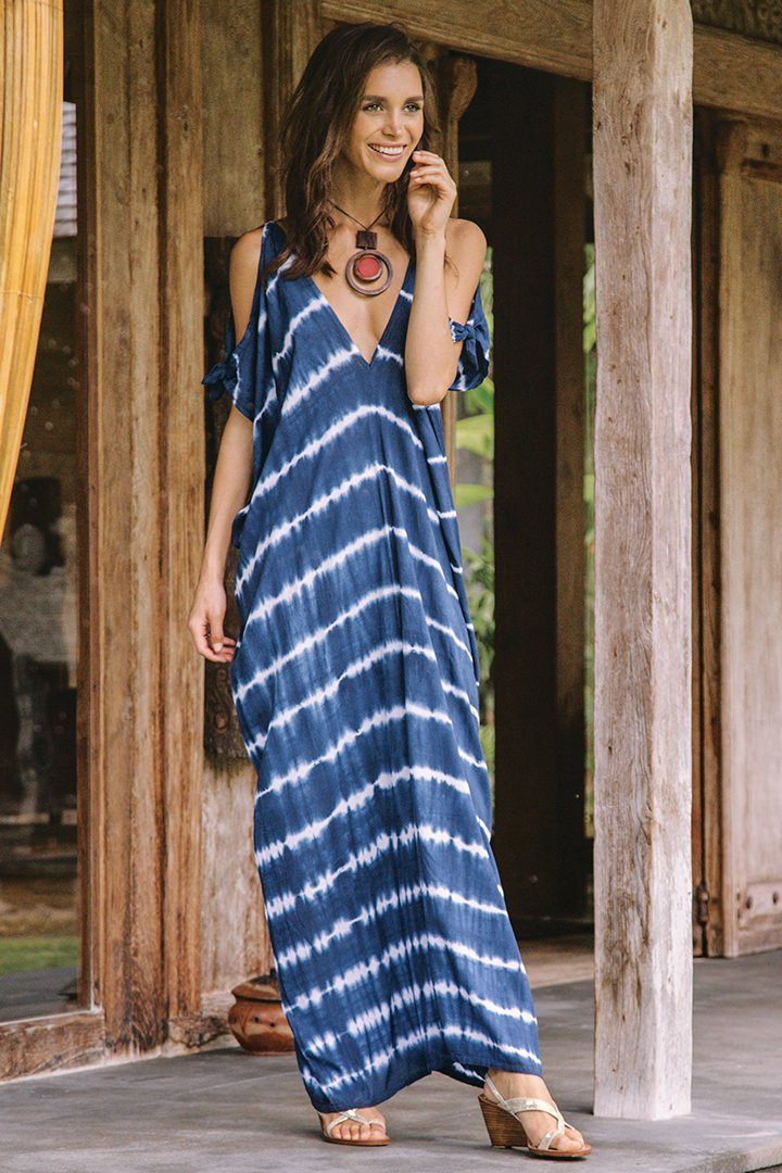 SHU - SHI Women's Camelia Casual Maxi Dress - Tie Dye Cold Shoulder Long Loose Beach Cover Up - Love ShuShi