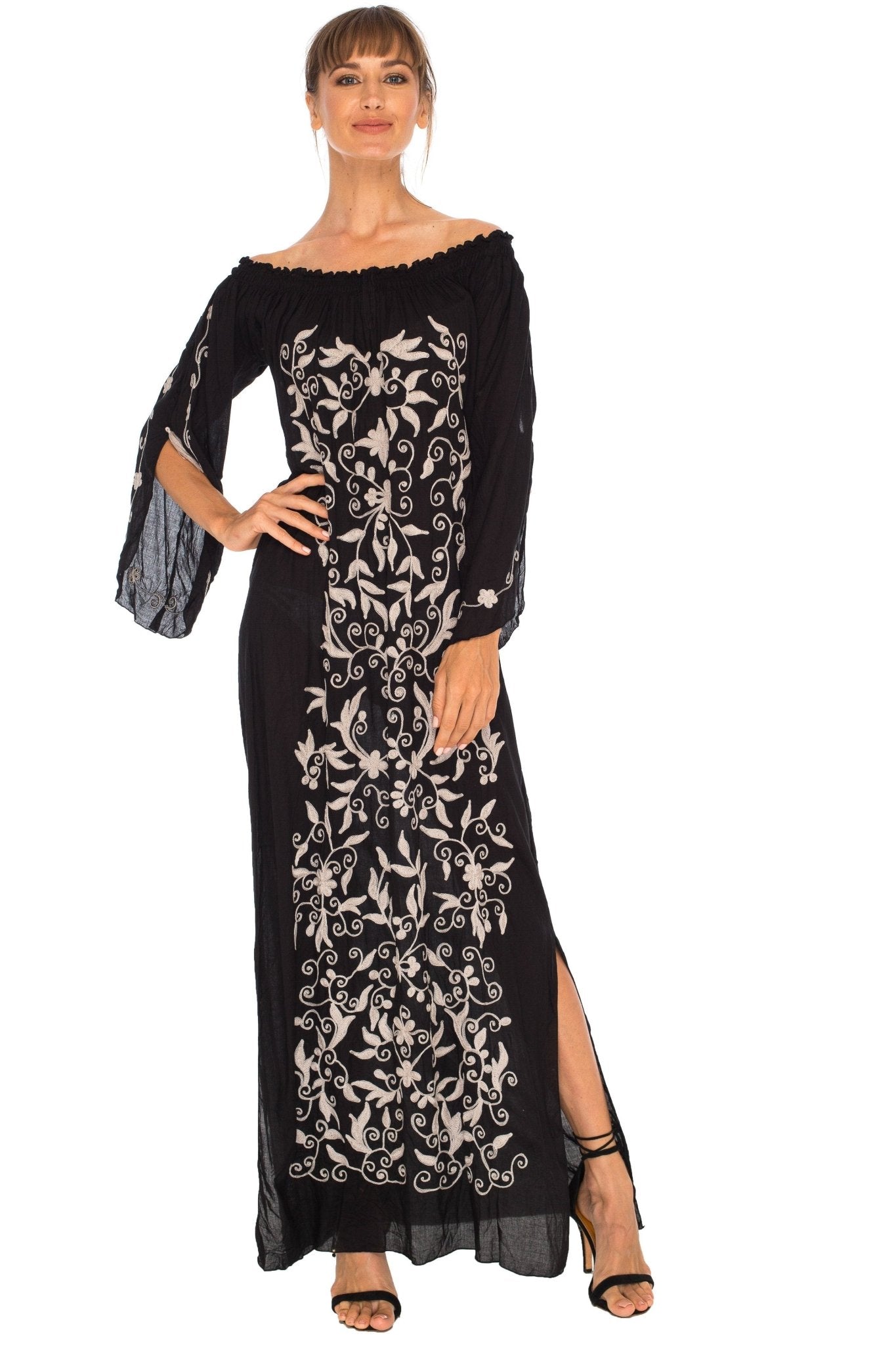 SHU - SHI Women's Casual Boho Ethnic Embroidered Off Shoulder Maxi Dress with Long Sleeves and Side Slit - Love ShuShi