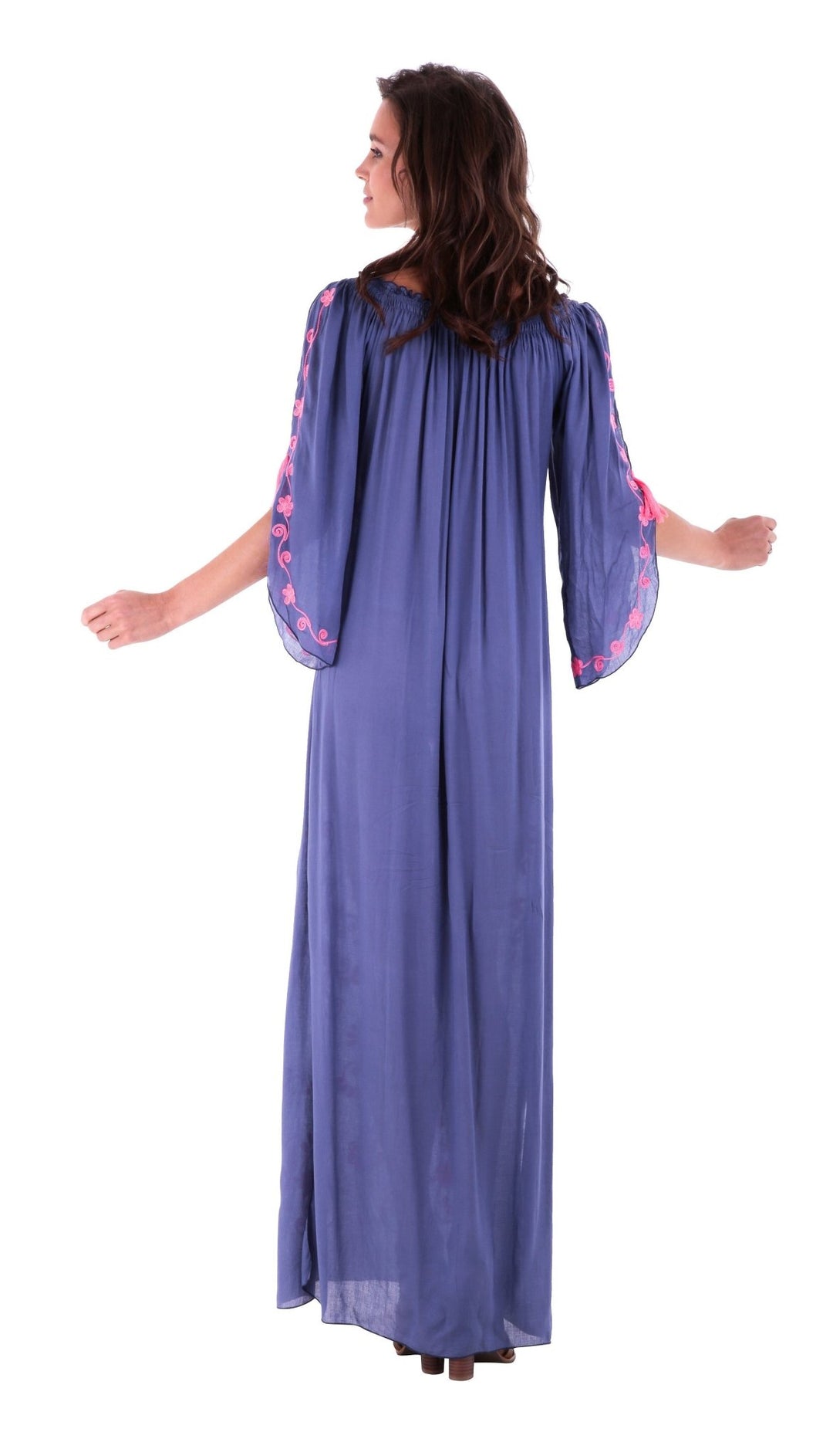 SHU - SHI Women's Casual Boho Ethnic Embroidered Off Shoulder Maxi Dress with Long Sleeves and Side Slit - Love ShuShi