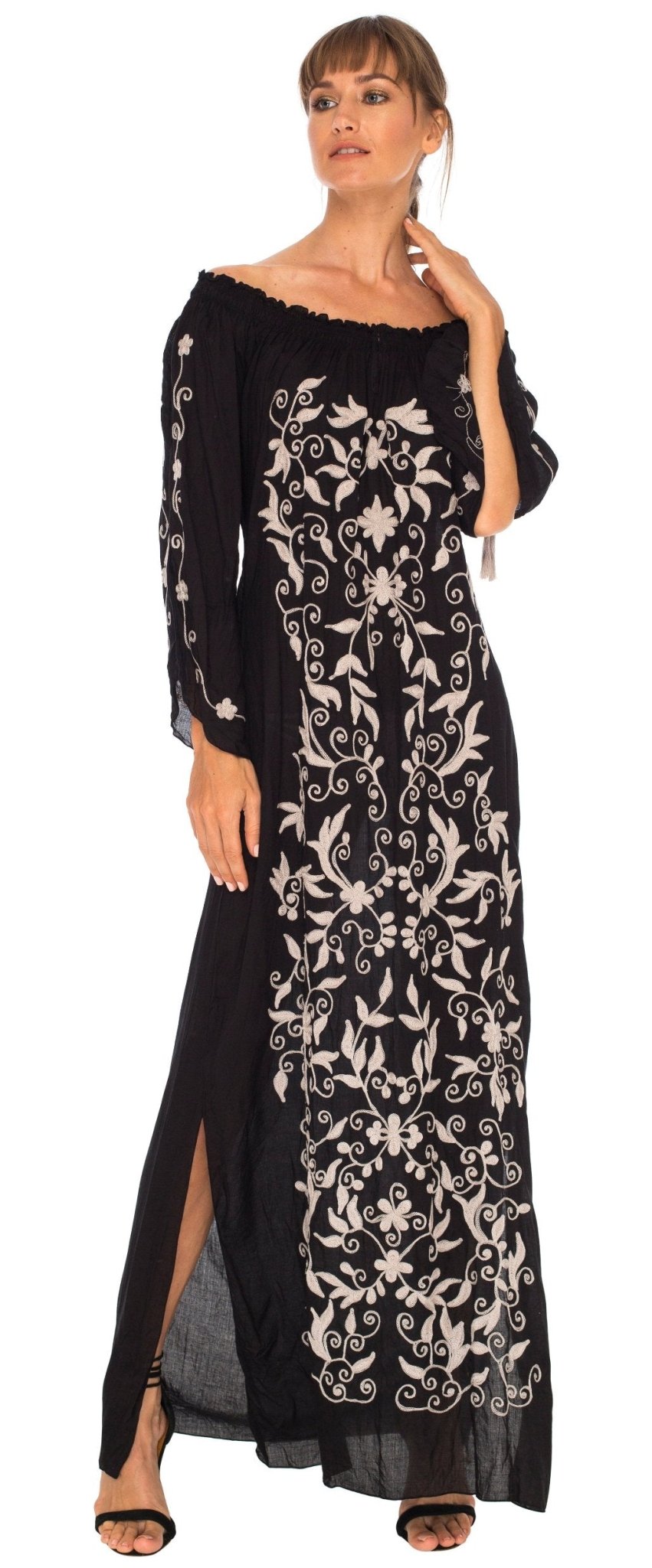 SHU - SHI Women's Casual Boho Ethnic Embroidered Off Shoulder Maxi Dress with Long Sleeves and Side Slit - Love ShuShi