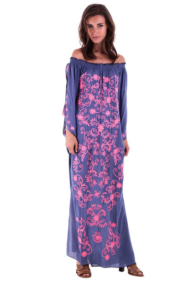 SHU - SHI Women's Casual Boho Ethnic Embroidered Off Shoulder Maxi Dress with Long Sleeves and Side Slit - Love ShuShi