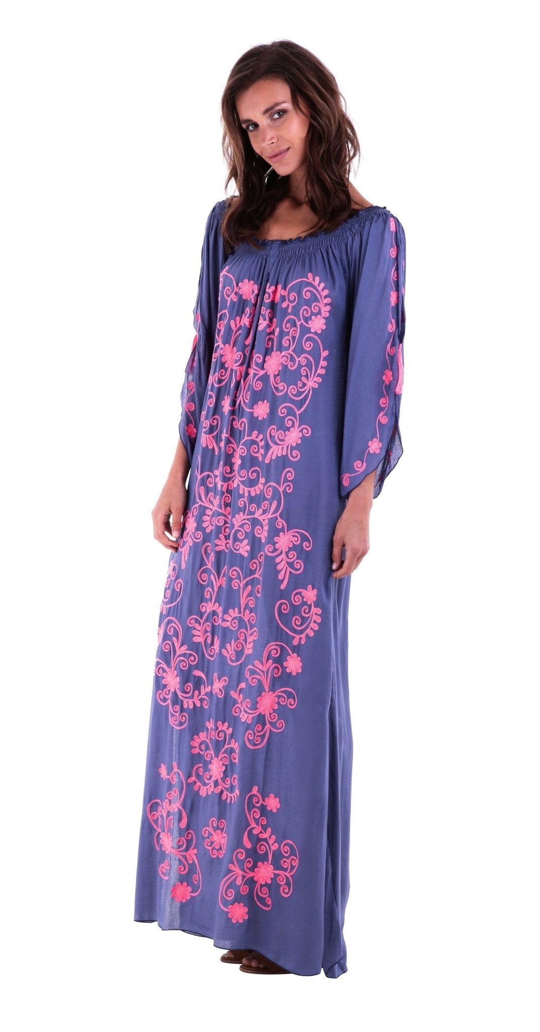 SHU - SHI Women's Casual Boho Ethnic Embroidered Off Shoulder Maxi Dress with Long Sleeves and Side Slit - Love ShuShi