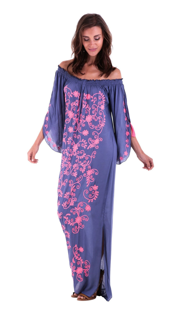 SHU - SHI Women's Casual Boho Ethnic Embroidered Off Shoulder Maxi Dress with Long Sleeves and Side Slit - Love ShuShi