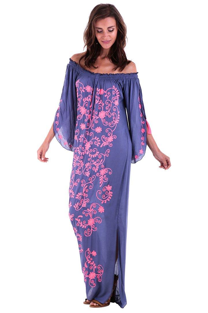 SHU - SHI Women's Casual Boho Ethnic Embroidered Off Shoulder Maxi Dress with Long Sleeves and Side Slit - Love ShuShi