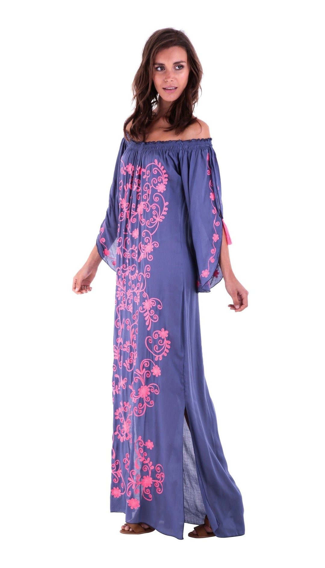 SHU - SHI Women's Casual Boho Ethnic Embroidered Off Shoulder Maxi Dress with Long Sleeves and Side Slit - Love ShuShi