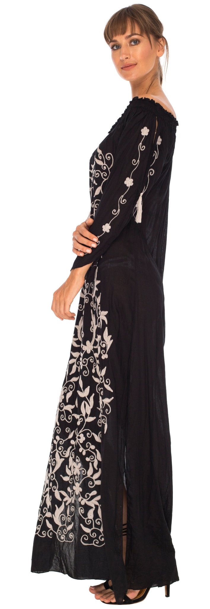 SHU - SHI Women's Casual Boho Ethnic Embroidered Off Shoulder Maxi Dress with Long Sleeves and Side Slit - Love ShuShi