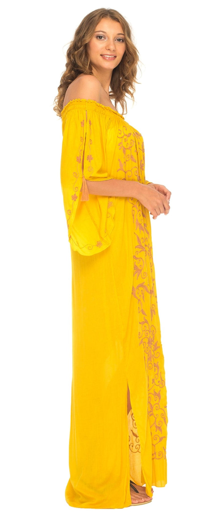 SHU - SHI Women's Casual Boho Ethnic Embroidered Off Shoulder Maxi Dress with Long Sleeves and Side Slit - Love ShuShi