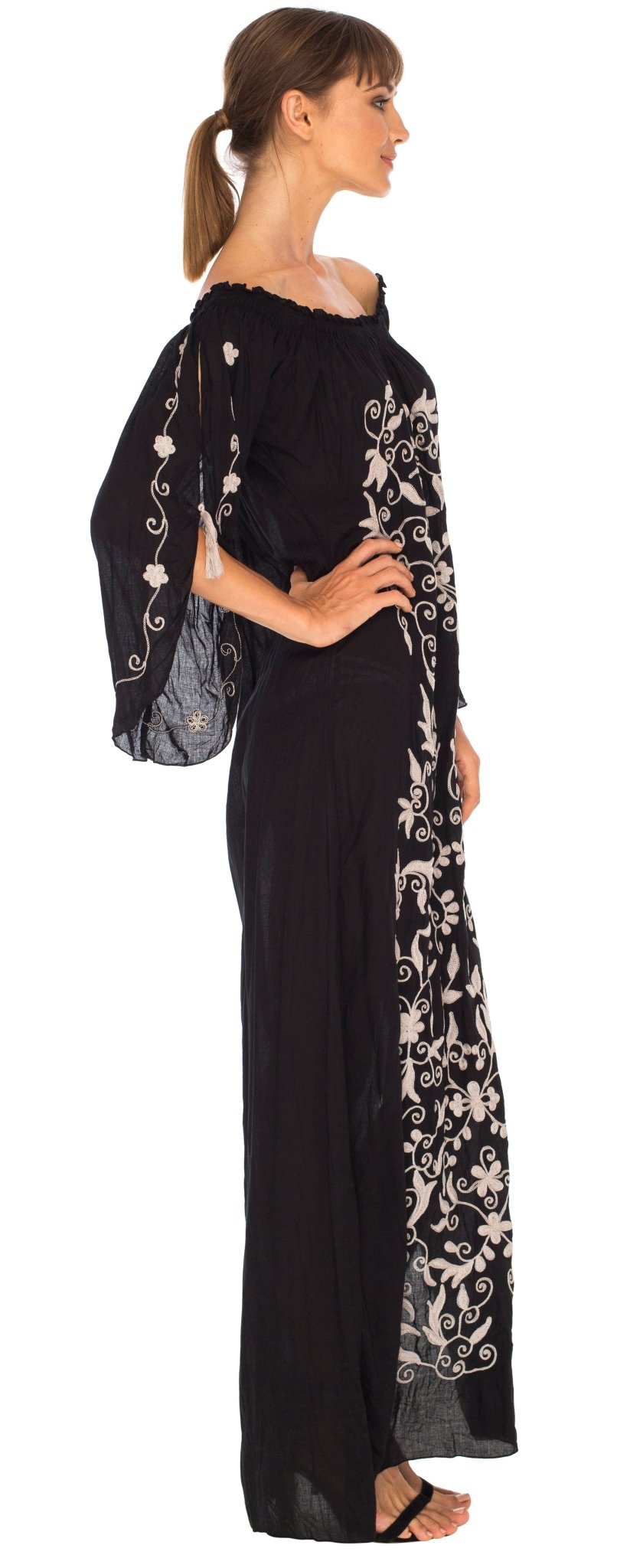 SHU - SHI Women's Casual Boho Ethnic Embroidered Off Shoulder Maxi Dress with Long Sleeves and Side Slit - Love ShuShi