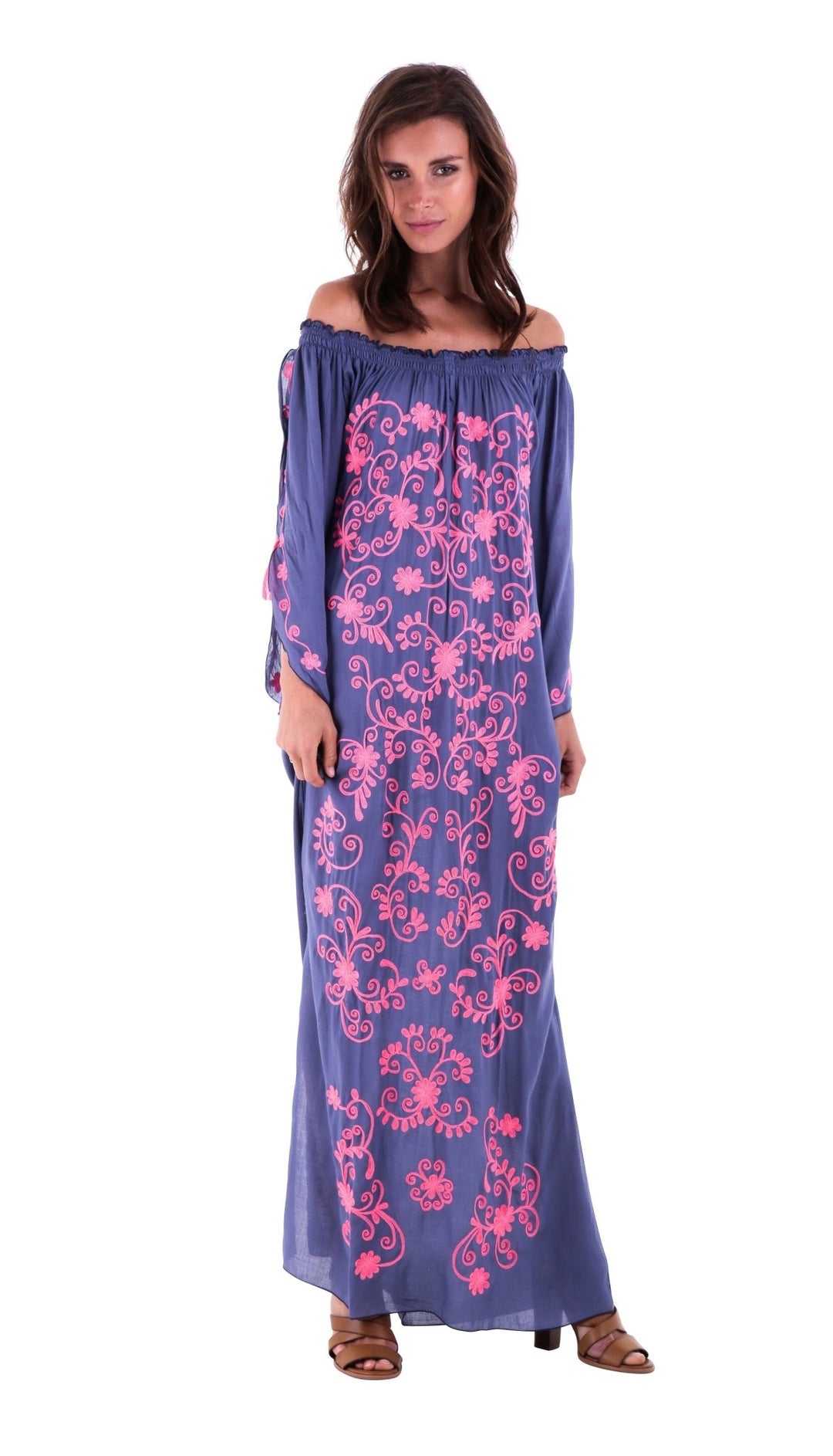 SHU - SHI Women's Casual Boho Ethnic Embroidered Off Shoulder Maxi Dress with Long Sleeves and Side Slit - Love ShuShi