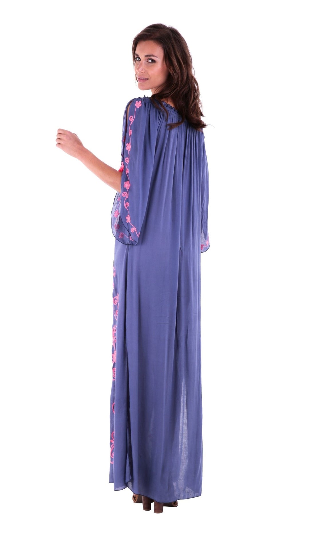 SHU - SHI Women's Casual Boho Ethnic Embroidered Off Shoulder Maxi Dress with Long Sleeves and Side Slit - Love ShuShi