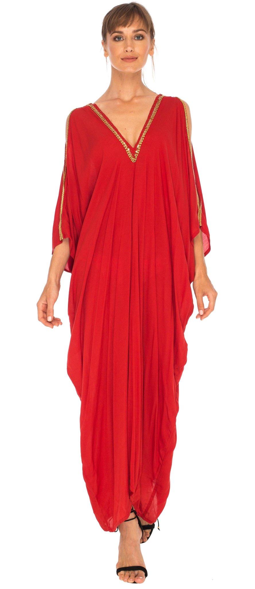 SHU - SHI Women's Cold Shoulder Kaftan Cover - Up Maxi Dress with Gold Beads and V - Neck - Love ShuShi