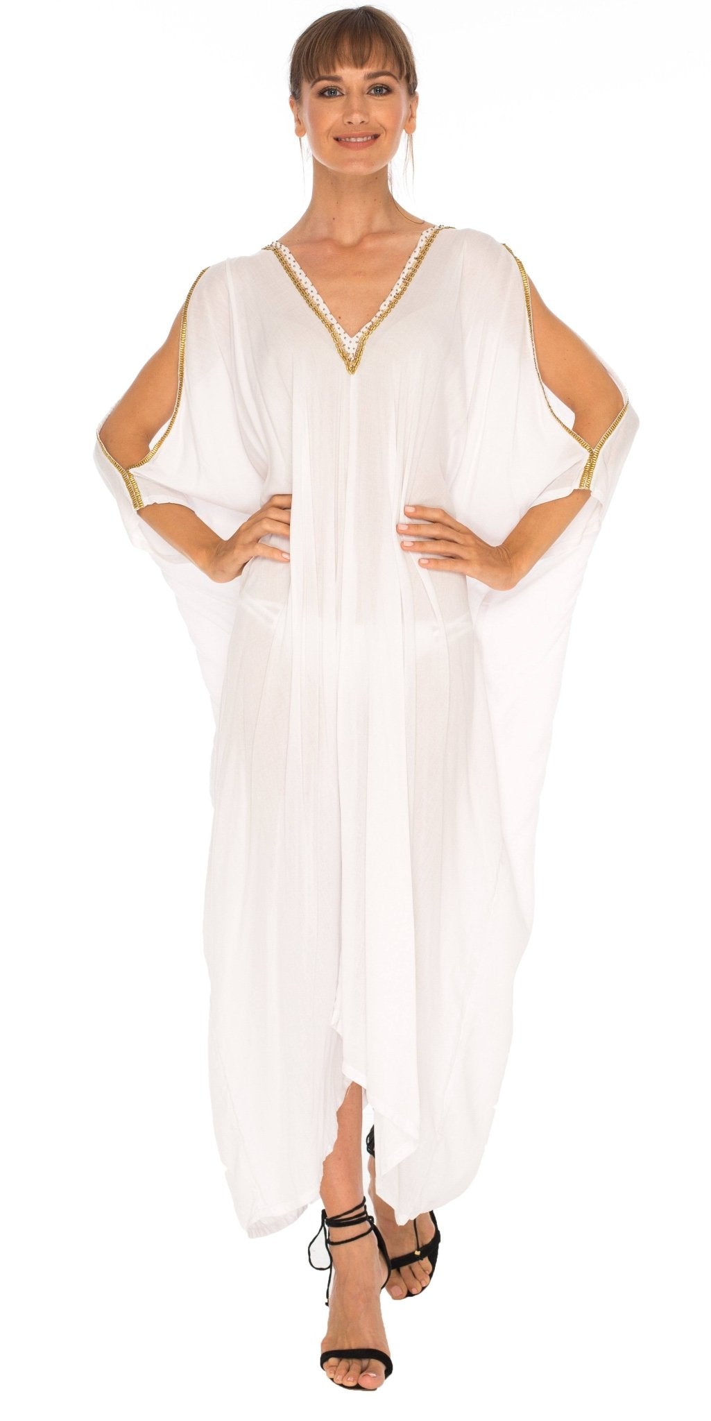 SHU - SHI Women's Cold Shoulder Kaftan Cover - Up Maxi Dress with Gold Beads and V - Neck - Love ShuShi