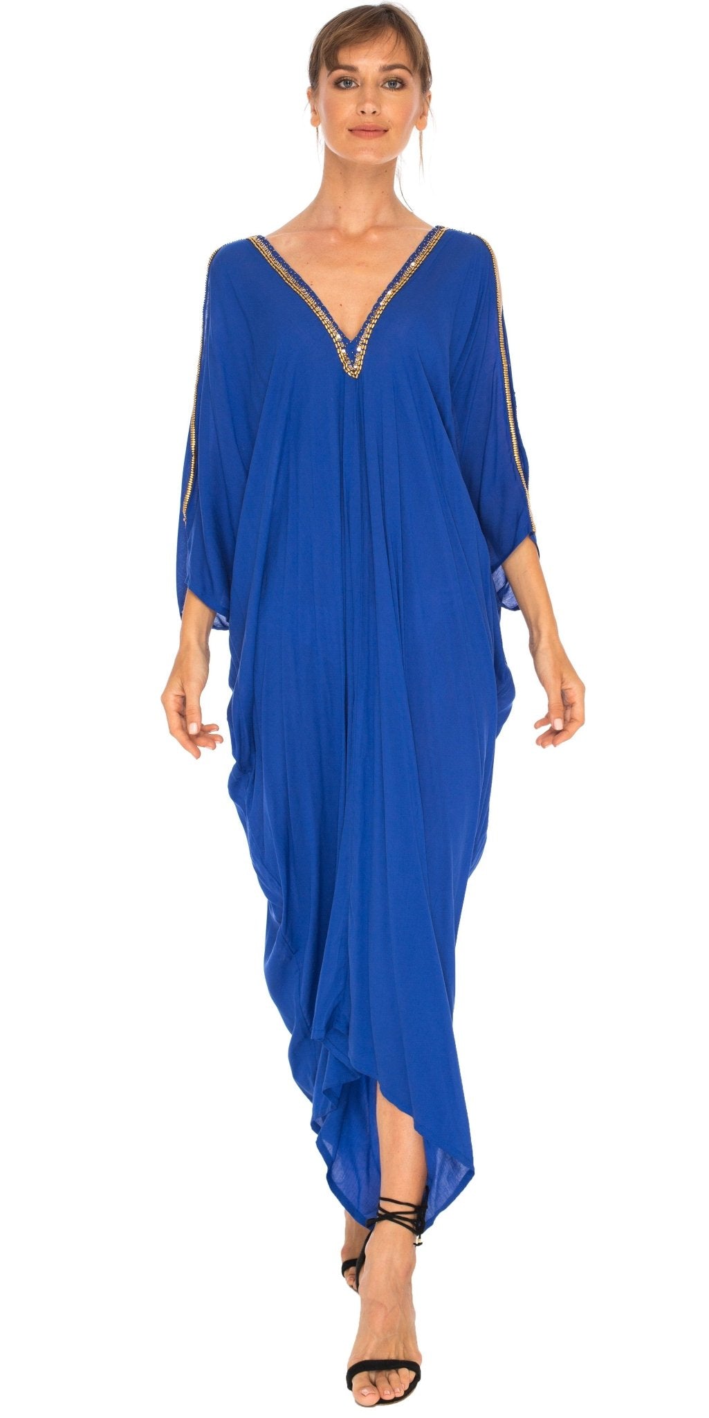 SHU - SHI Women's Cold Shoulder Kaftan Cover - Up Maxi Dress with Gold Beads and V - Neck - Love ShuShi