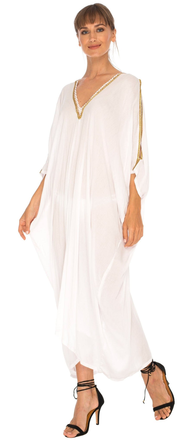 SHU - SHI Women's Cold Shoulder Kaftan Cover - Up Maxi Dress with Gold Beads and V - Neck - Love ShuShi