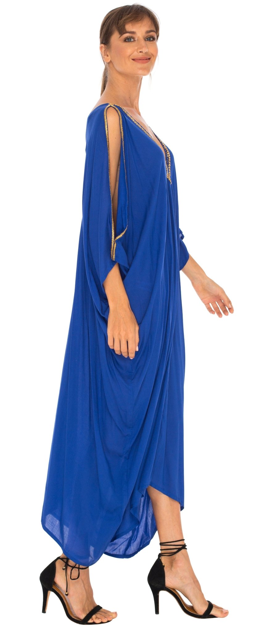 SHU - SHI Women's Cold Shoulder Kaftan Cover - Up Maxi Dress with Gold Beads and V - Neck - Love ShuShi