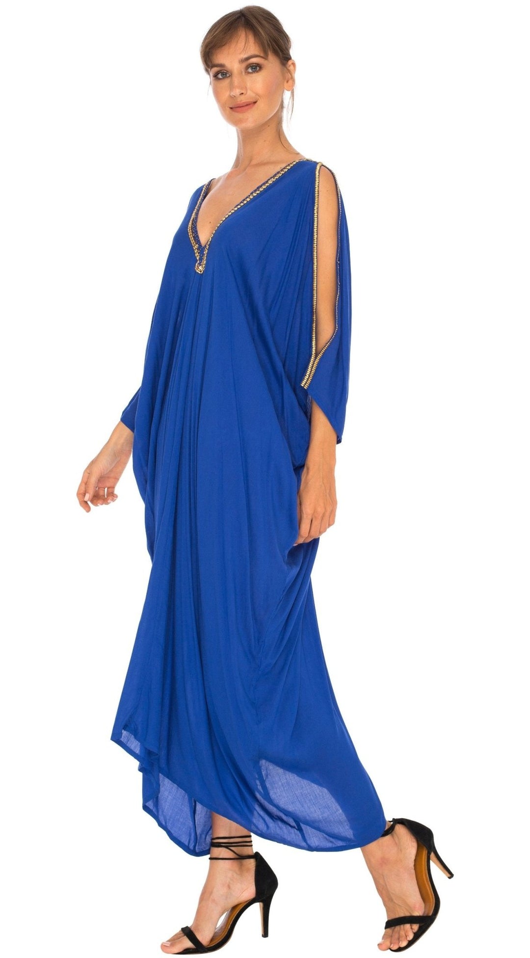 SHU - SHI Women's Cold Shoulder Kaftan Cover - Up Maxi Dress with Gold Beads and V - Neck - Love ShuShi